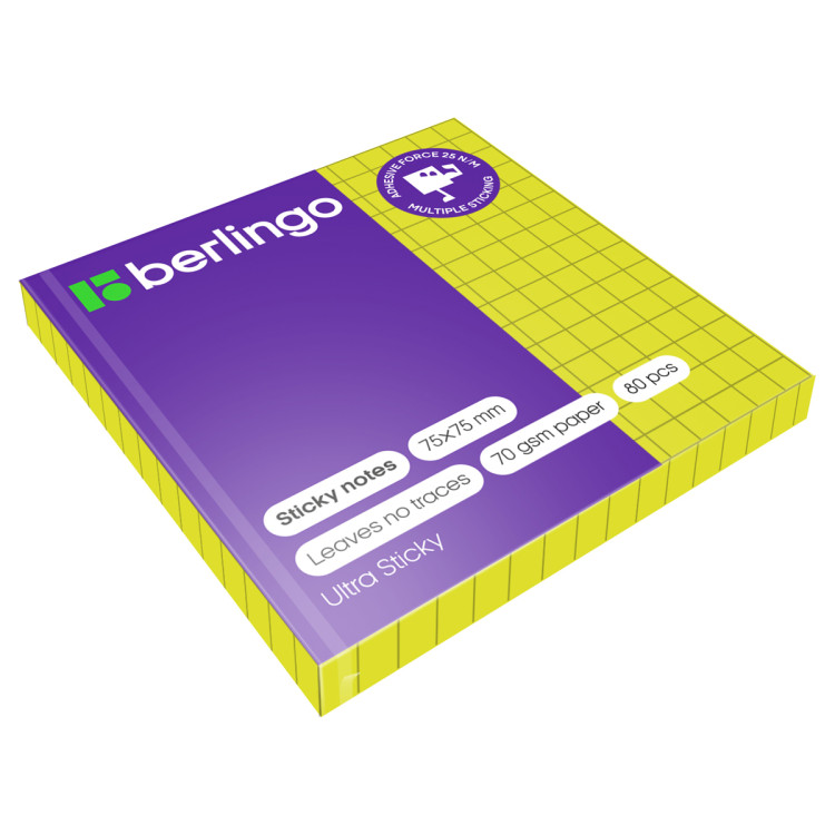 Самоклеящийся блок Berlingo "Ultra Sticky", 75*75мм, 80л., в клетку, зеленый неон, 287190