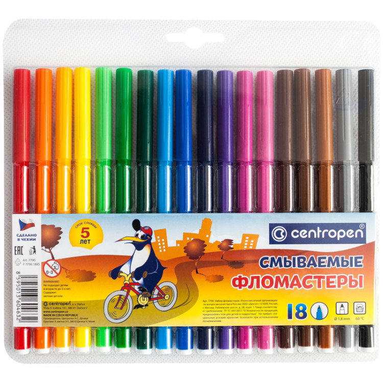 Фломастеры Centropen "Washable", 18цв., смываемые, блистер, 214289