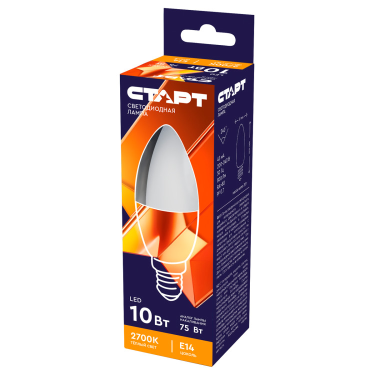 Лампа светодиодная Старт LED, серия "WS" 10W30, тип С "свеча", E14, 2700К, теплый свет, 25000ч, 385694 Лампа светодиодная Старт LED, серия "WS" 10W30, тип С "свеча", E14, 2700К, теплый свет, 25000ч, 385694