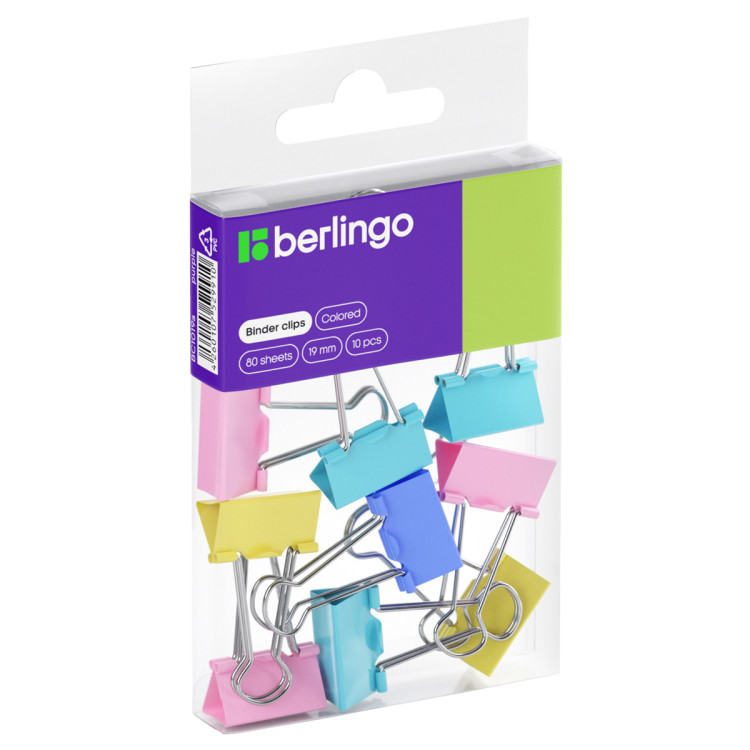 Зажимы для бумаг 19мм, Berlingo, 10шт., цветные, ПВХ упак., европодвес, ассорти пастель, 330193
