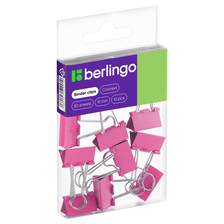 Зажимы для бумаг 19мм, Berlingo, 10шт., цветные, ПВХ упак., европодвес, розовые, 301708