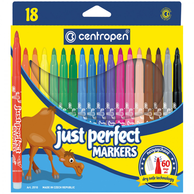 Фломастеры Centropen "Just Perfect", 18цв., трехгранные, смываемые, устойч. к высыханию, картон, европодвес, 115234