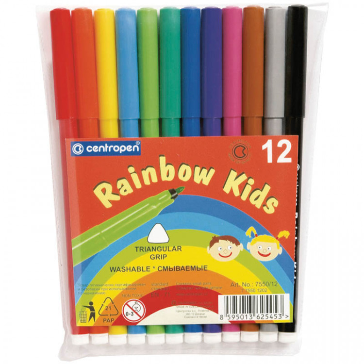 Фломастеры Centropen "Rainbow Kids", 12цв., трехгранные, смываемые, ПВХ, 214283 Фломастеры Centropen "Rainbow Kids", 12цв., трехгранные, смываемые, ПВХ, 214283