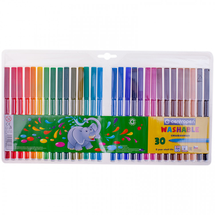 Фломастеры Centropen "Washable", 30цв., смываемые, блистер, 106414 Фломастеры Centropen "Washable", 30цв., смываемые, блистер, 106414