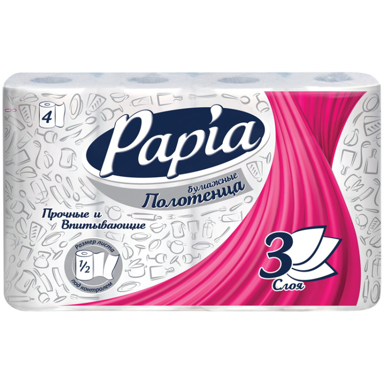 Полотенца бумажные в рулонах Papia, 3-слойные, тиснение, белые, 1/2 листа, 4шт., 260071 Полотенца бумажные в рулонах Papia, 3-слойные, тиснение, белые, 1/2 листа, 4шт., 260071