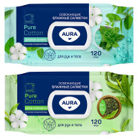 Салфетки влажные Aura "Pur cotton" big-pack с крышкой, 17*15см, 120шт., освежающие, для рук и тела, 363914