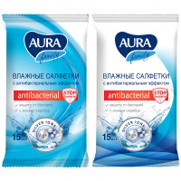 Салфетки влажные Aura "Family", 15шт., антибактериальные, 229645
