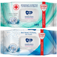 Салфетки влажные Aura "FAMILY", big-pack с крышкой, 15*14см, 144шт., антибактериальные, 319478
