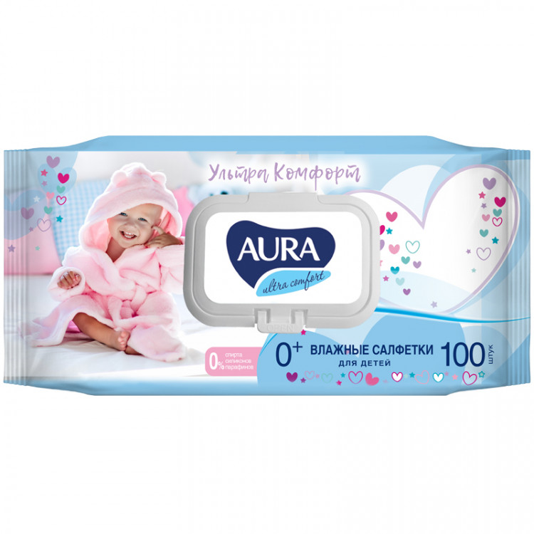 Салфетки влажные Aura "Ultra comfort", 100шт., детские, с алоэ, очищающие, без спирта, клапан, 270362