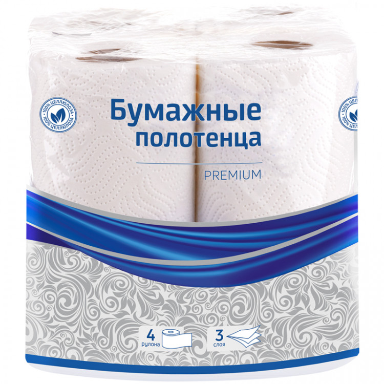Полотенца бумажные в рулонах OfficeClean "Premium", 3-слойные, 11м/рул., тиснение, белые, 4шт., 300443