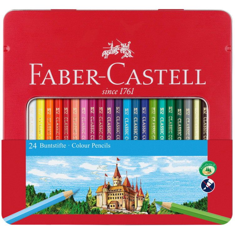 Карандаши цветные Faber-Castell "Замок", 24цв., шестигр., заточ., метал. кор., 286246