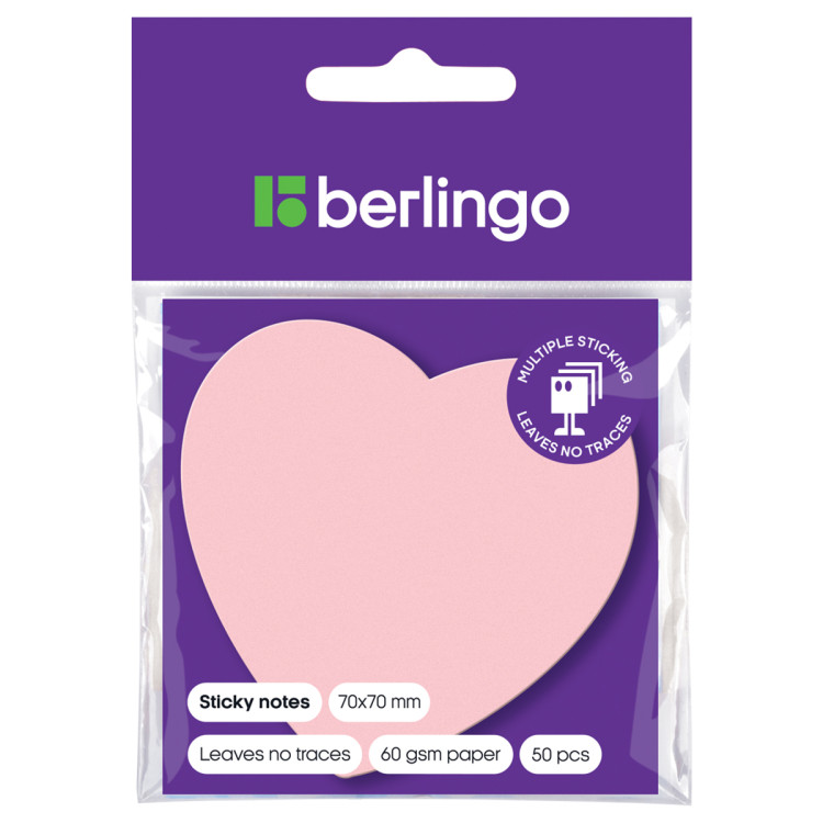 Самоклеящийся блок фигурный Berlingo "Сердце", 70*70мм, 50л., малиновый неон, европодвес, 205662