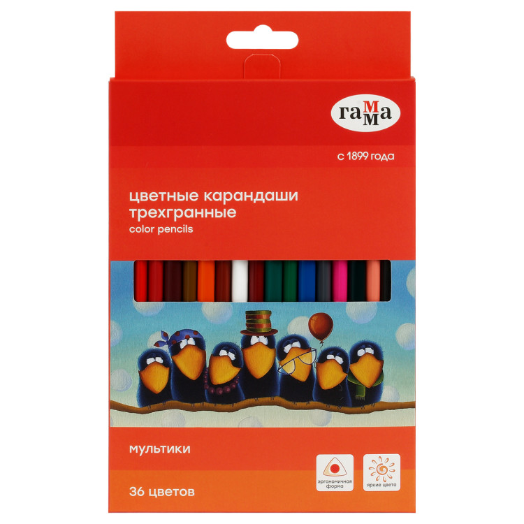 Карандаши цветные Гамма "Мультики", 36цв., трехгранные, заточен., картон. упак., европодвес, 343208