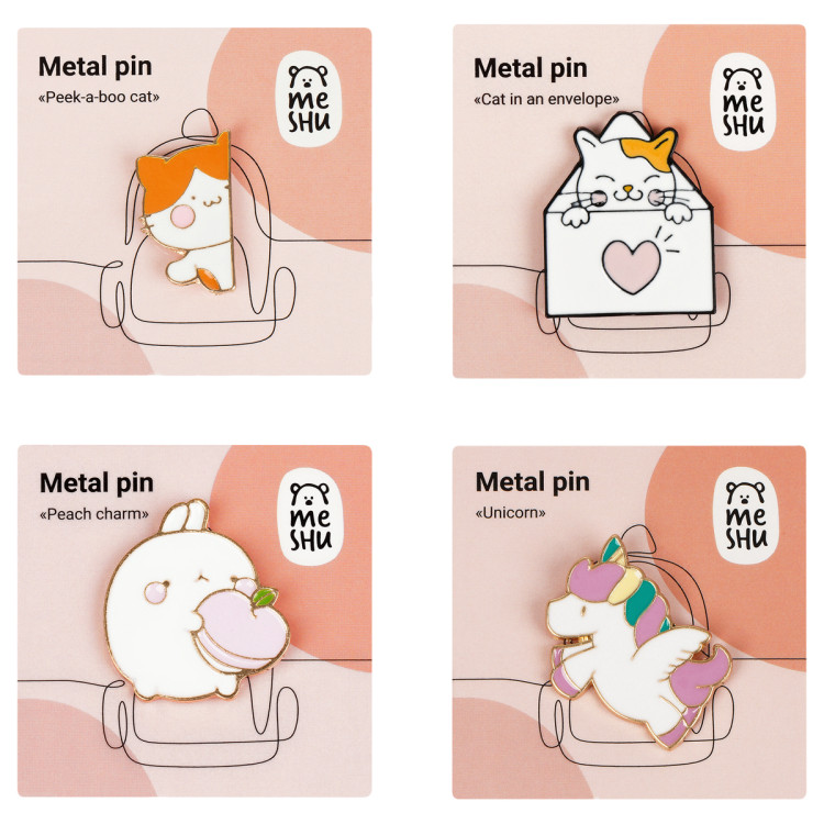 Набор металлических значков MESHU "Cute animals", эмаль, 4шт, 358539