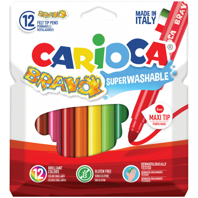 Фломастеры Carioca "Bravo", 12цв., утолщенные, смываемые, картон, европодвес, 242620